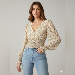 Girl-ish LA Floral Smocked Waist Crop Top Blouse Balloon Sleeve Medium